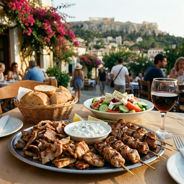 Tradicionalni grški suvlaki, solata in vino v atenski tavereni