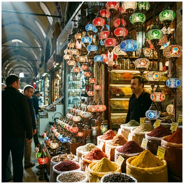 Barvite lanterne in začimbe v Veliki tržnici v Istanbulu