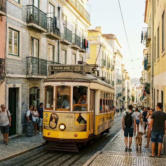 Ikonični rumeni tramvaj 28, ki vijuga skozi ozke ulice Lizbone
