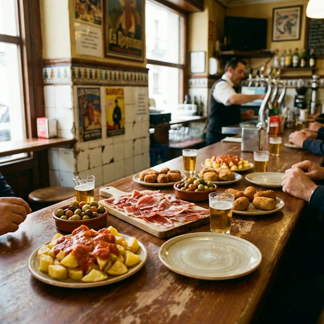Barvit izbor španskih tapasov na barskem pultu v Madridu